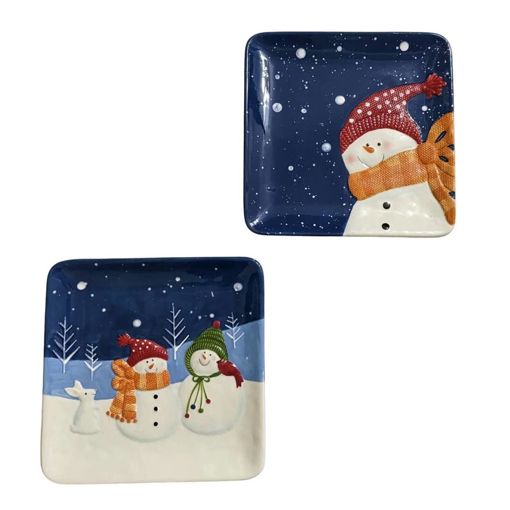 Set Lot 2 Snowman St. Nicholas Square Christmas plates Snowy Days